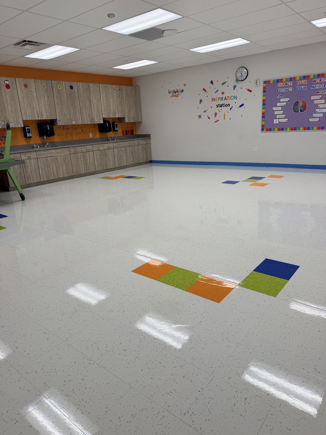 Classroom vinyl floor after strip and wax